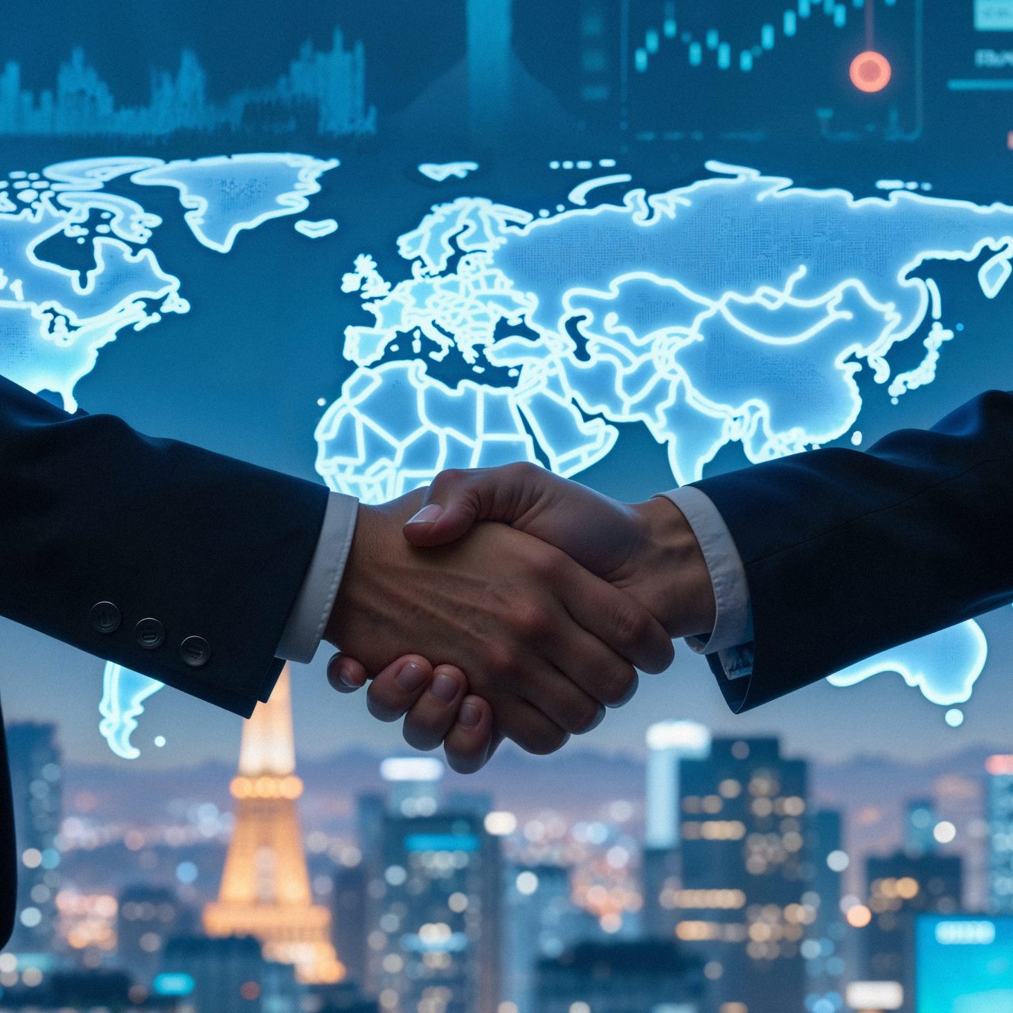 Global business handshake with world map background
